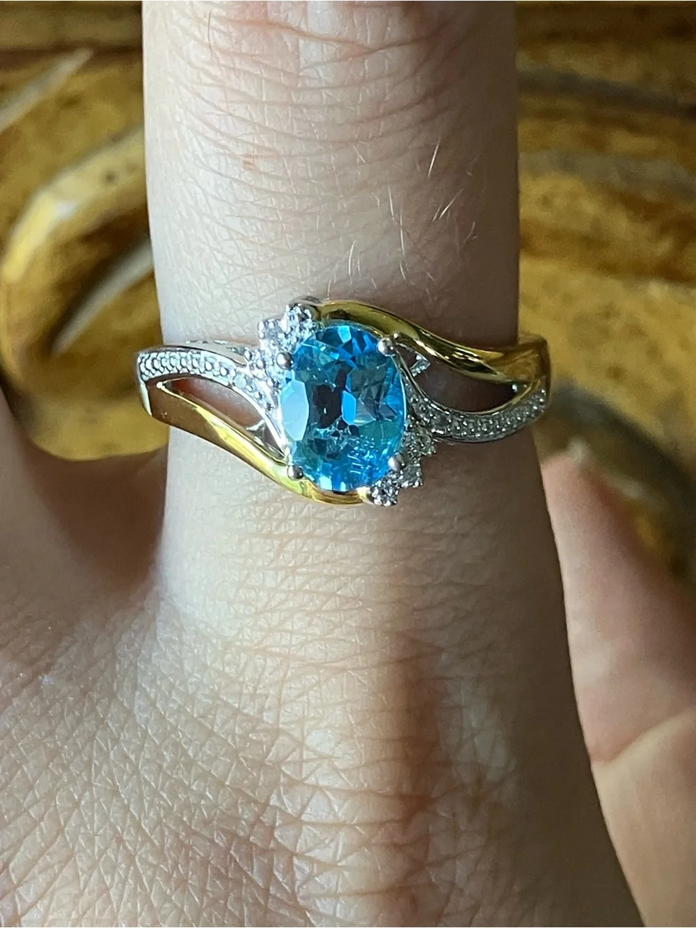 Swiss Blue Topaz White Diamond Ring Size 9